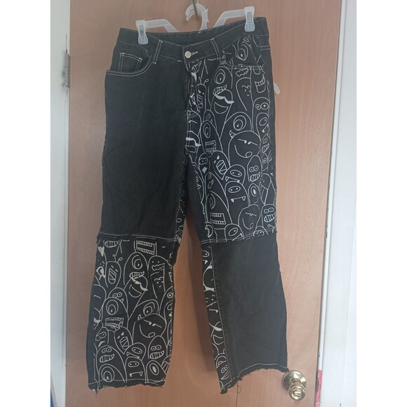 SHEIN  Patchwork Cartoon Baggy Black Curve Distressed Jeans - Size 0XLx24” - Picture 1 of 3